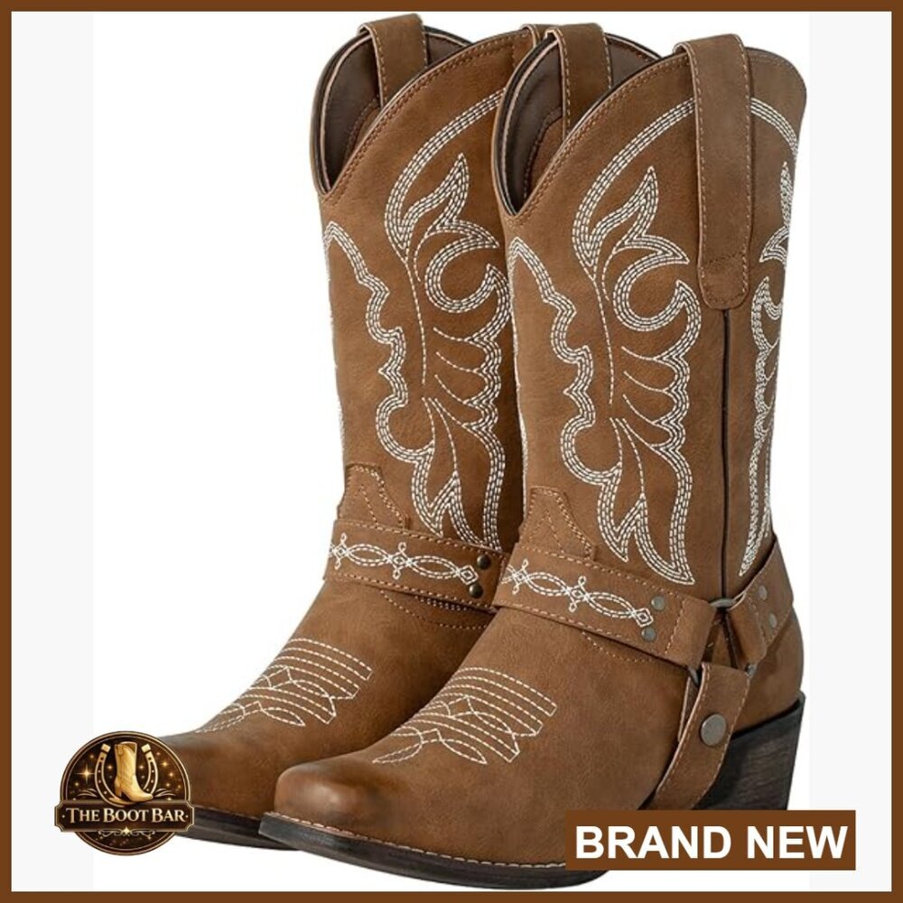Square Toe Cowgirl Boots Mid Calf Western Riding Boots with Removable Buckle - Picture 1 of 7